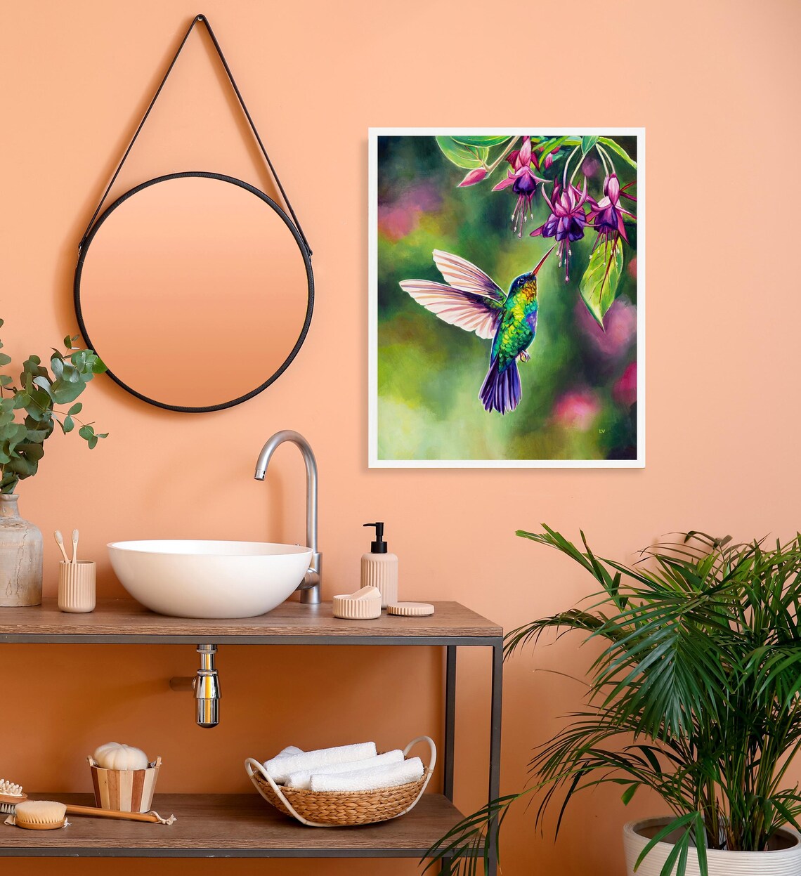 Close Up Of Hummingbird Sipping Nectar From Fuchsia Blooms Art Poster - Image 3