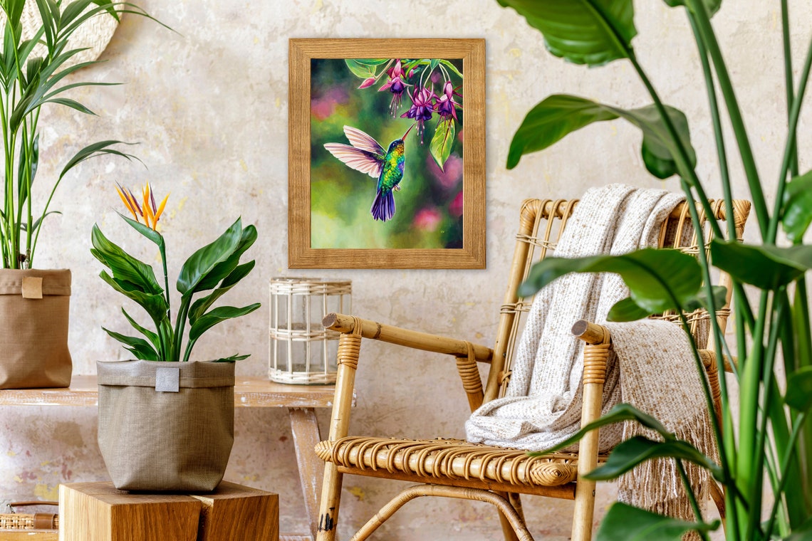 Flying Hummingbird Feeding On Fuchsia Flowers Framed Art Poster - Image 4