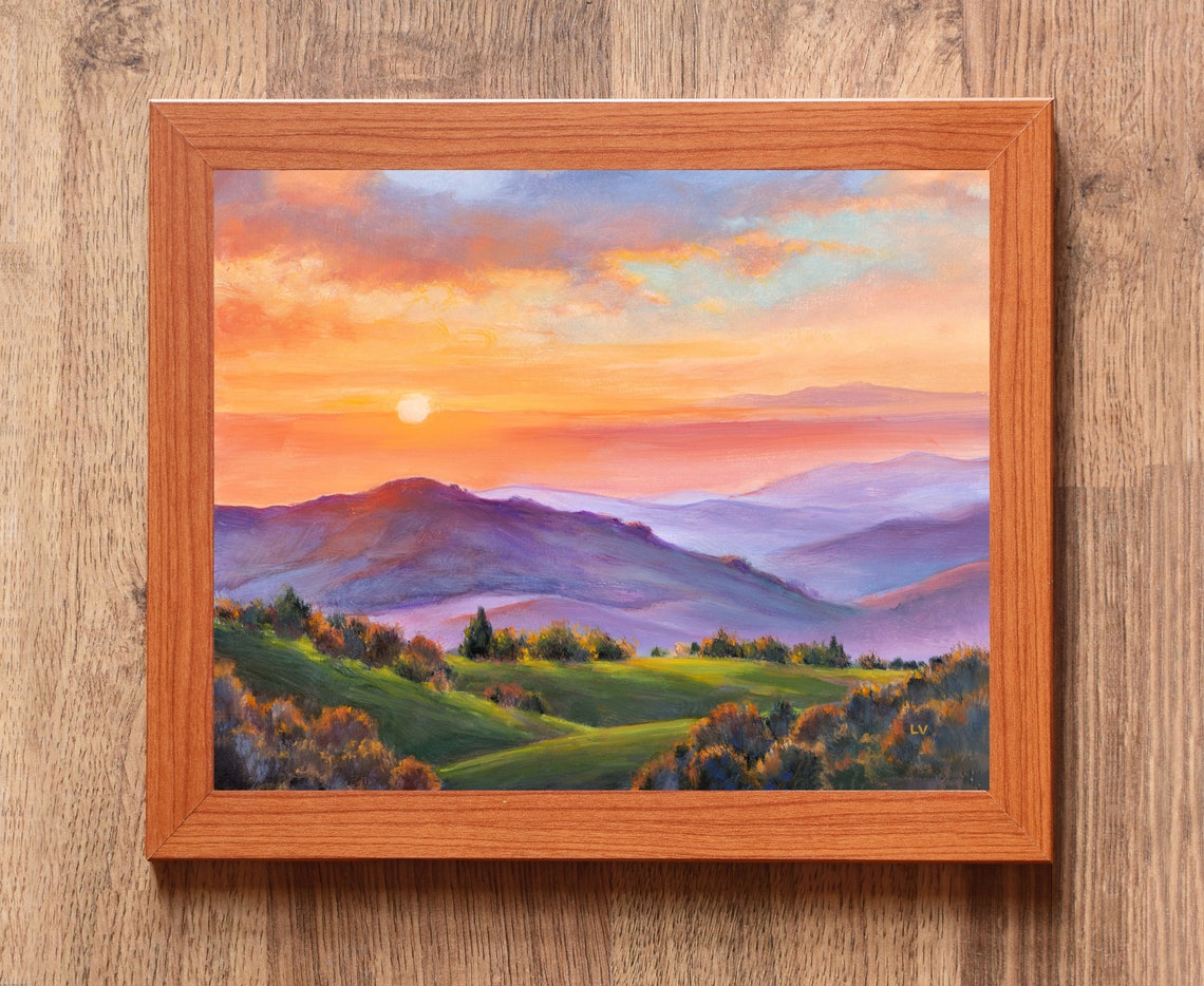 Colorful Landscape Original Painting Green Grassy Hills Sunshine Art Vibrant Mountains Lush Trees Large Wall Art Framed Country Home Gift - Image 4