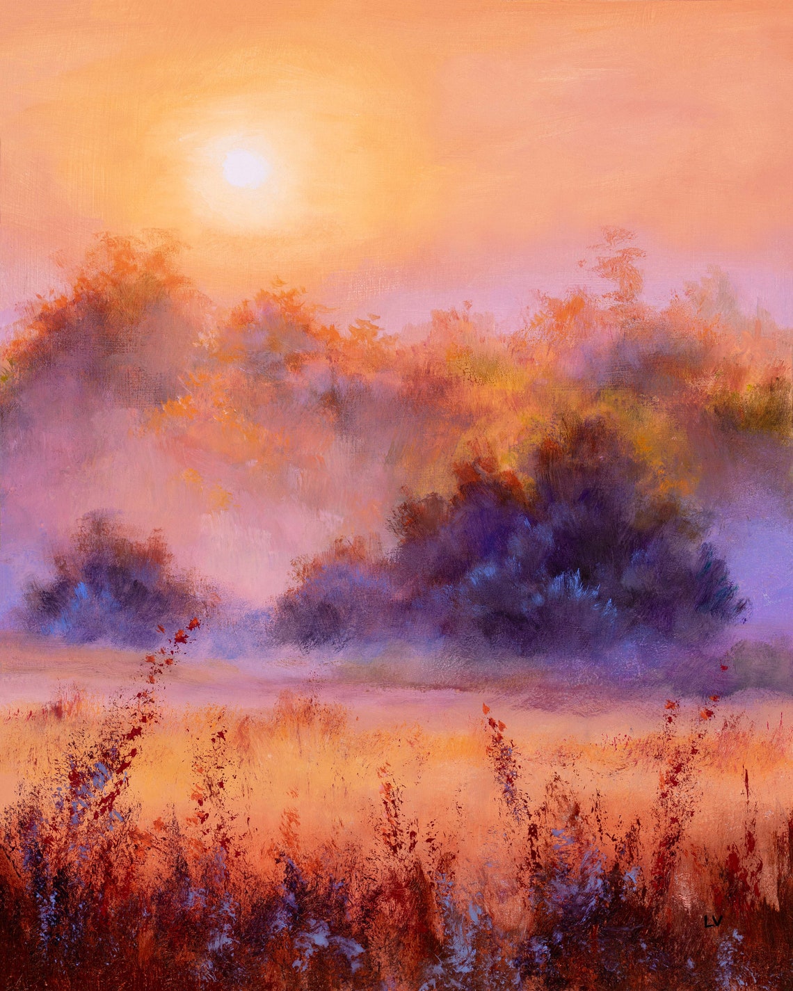 Trees In The Fog Art Print Misty Field Oats Sunset Art Foggy Oil Painting Intense Colors Trees At Sunrise Crop Field Poster Country Decor - Image 6