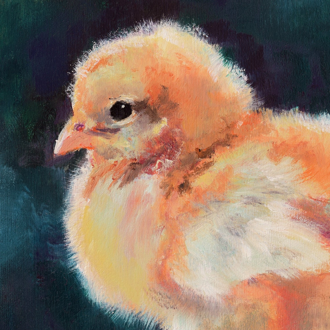 Adorable Fluffy Yellow Chick Oil Painting on a Dark Background Poster - Image 2