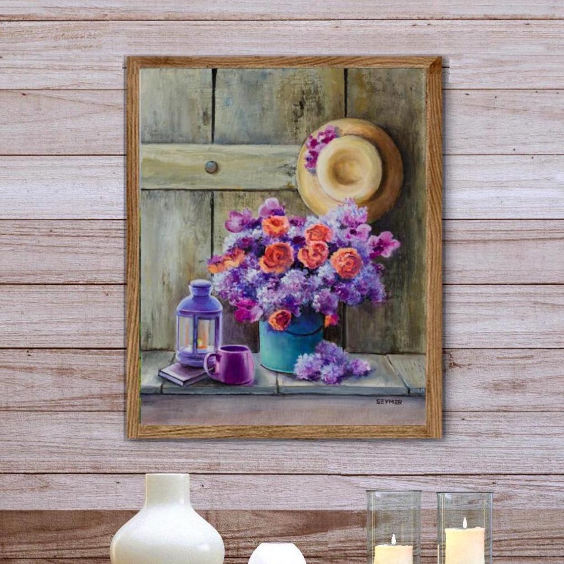 Lilac And Roses Bouquet Still Life Oil Painting With Lantern Poster