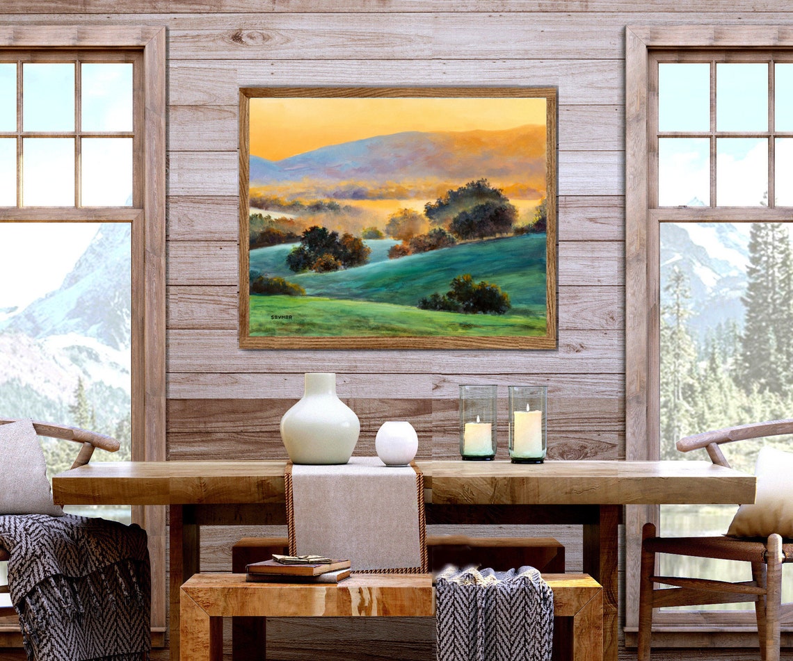 Green Field Landscape Original Oil Painting Foggy Sunrise English Countryside Dawn Atmosphere Prairie Misty Sunrise Golden Light Morning - Image 5