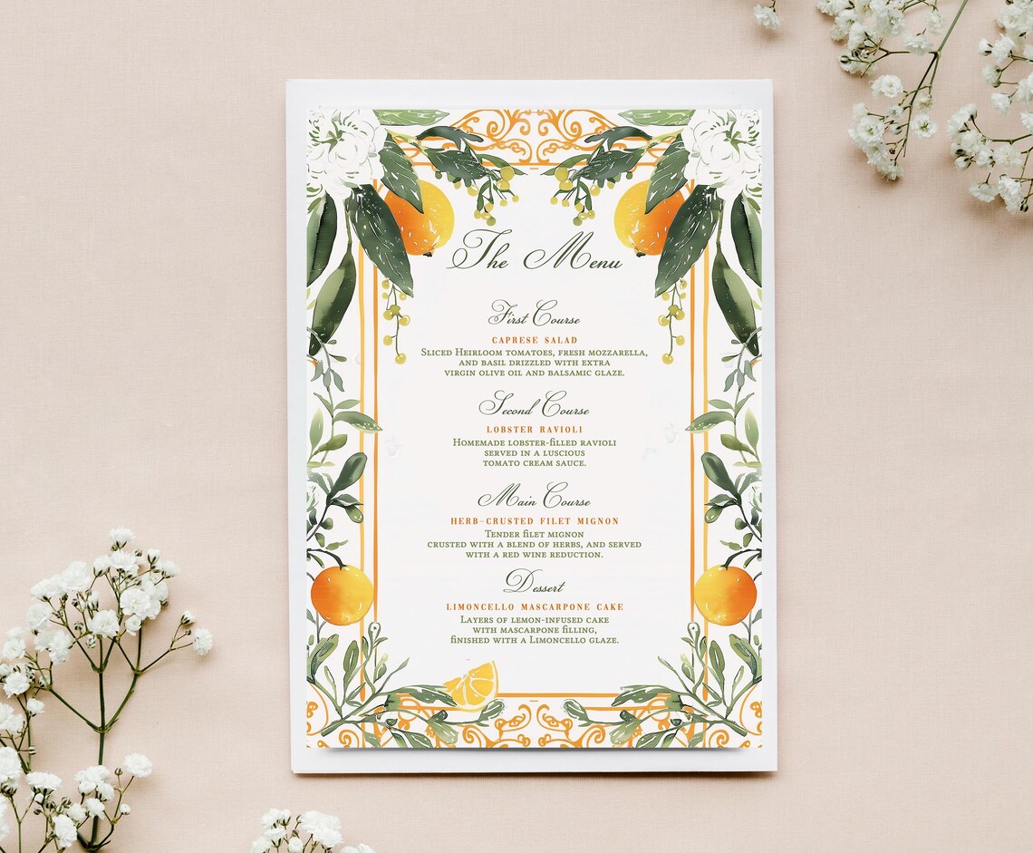 Italian-Inspired Menu Art Print, Handpainted Florals