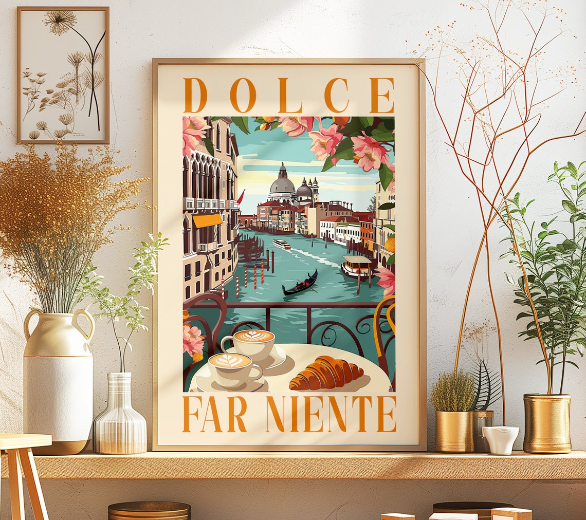 Venice Dolce Far Niente Coffee Croissant Gondola Travel Poster