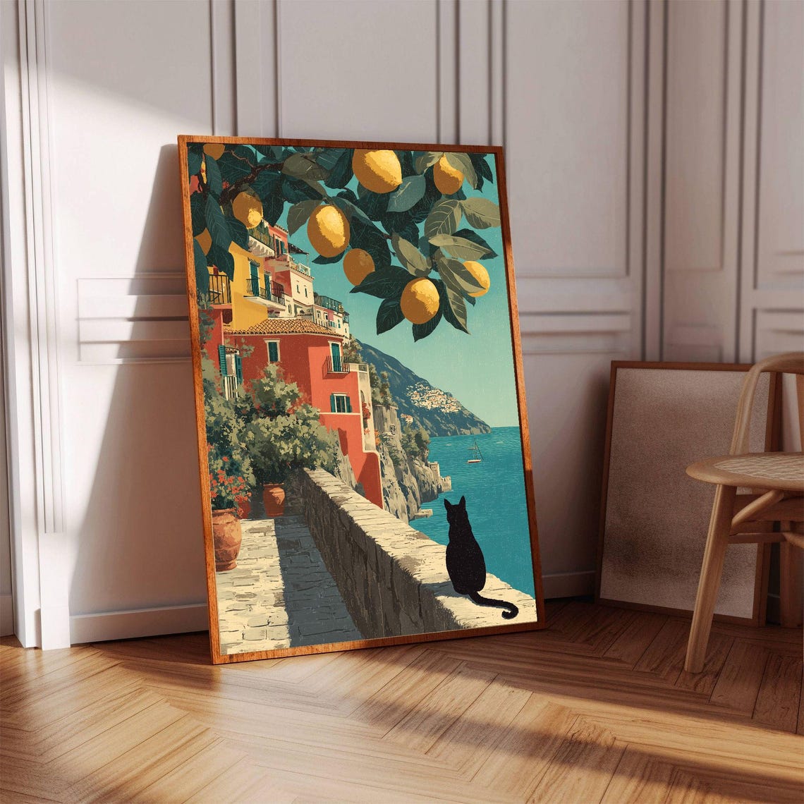 Black Cat on Coastal Wall Amalfi Lemon Tree Travel Art Poster - Image 3