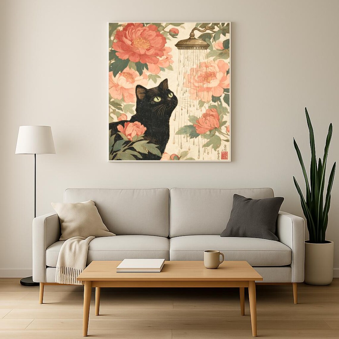 Japanese Style Black Cat Shower Peonies Floral Bathroom Wall Poster - Image 3