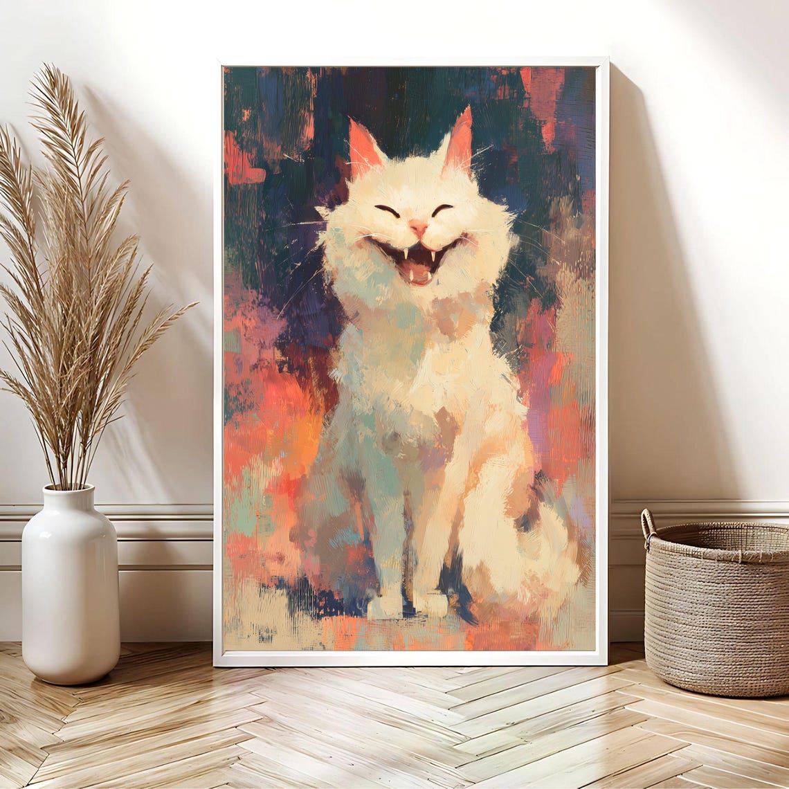 Laughing White Cat Painterly Portrait Colorful Abstract Poster - Image 3