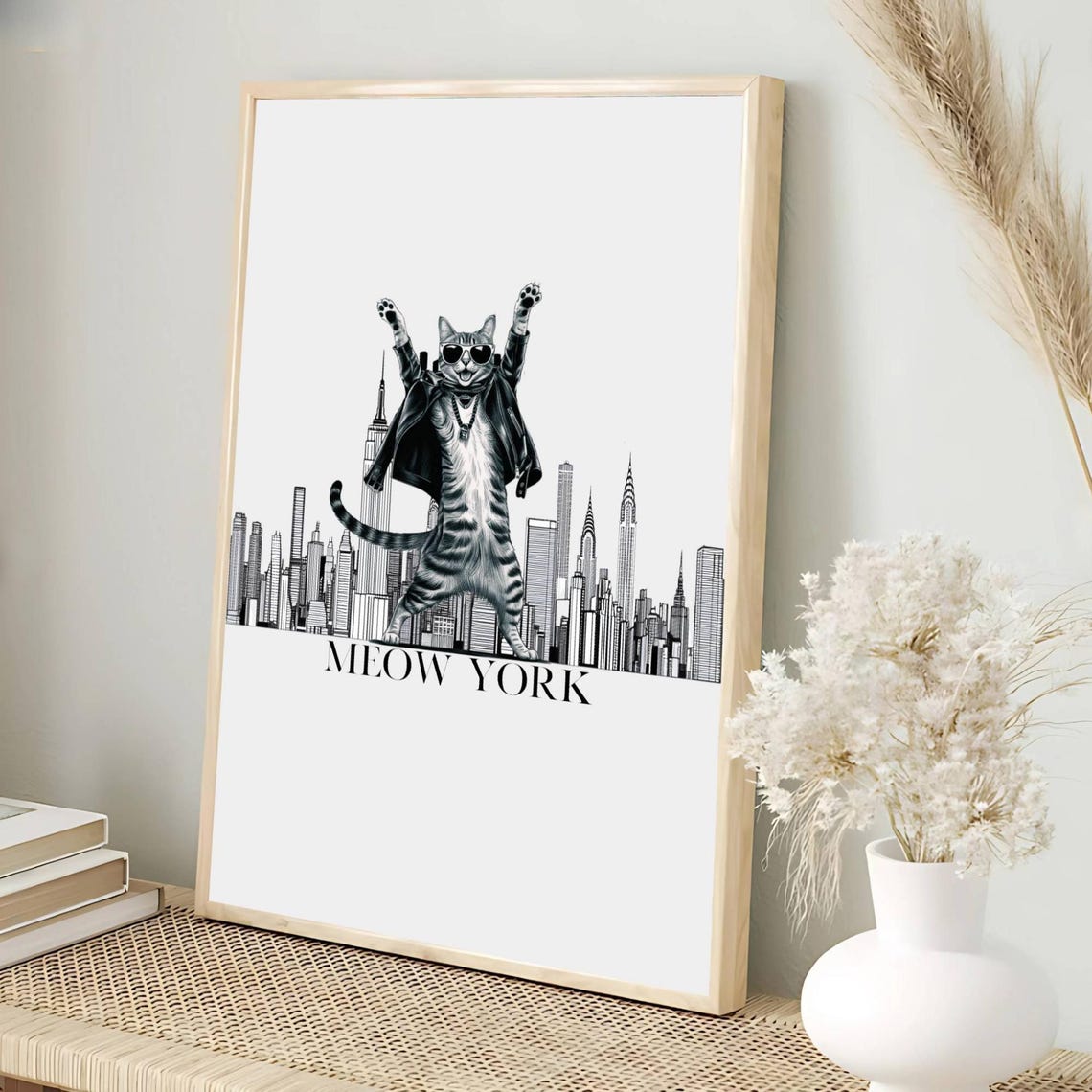 Meow York Cool Cat in Leather Jacket New York Skyline Poster - Image 2
