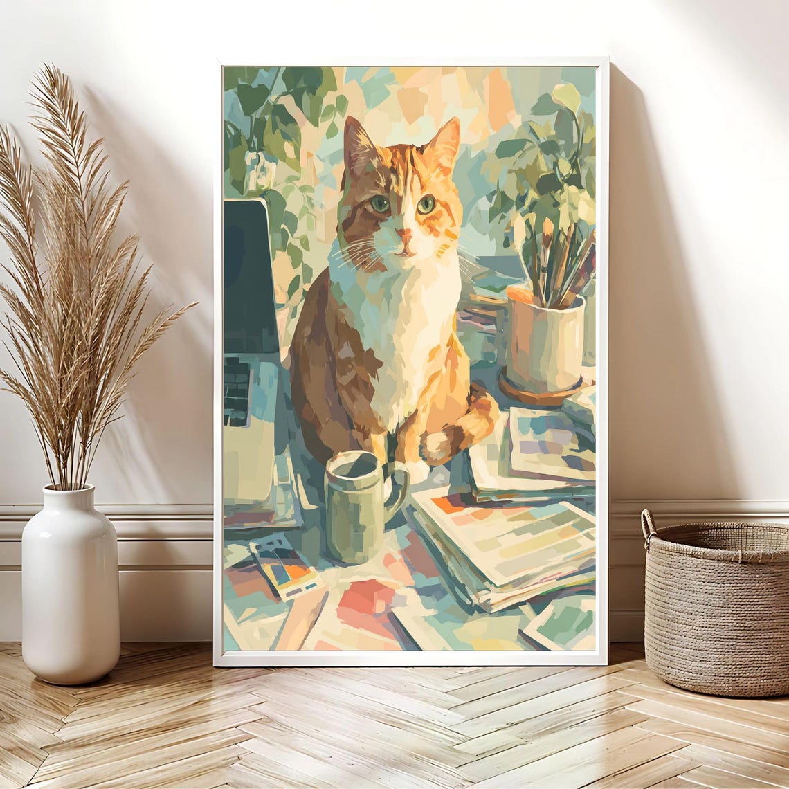 Orange Tabby Cat at Home Office Desk Impressionist Art Poster