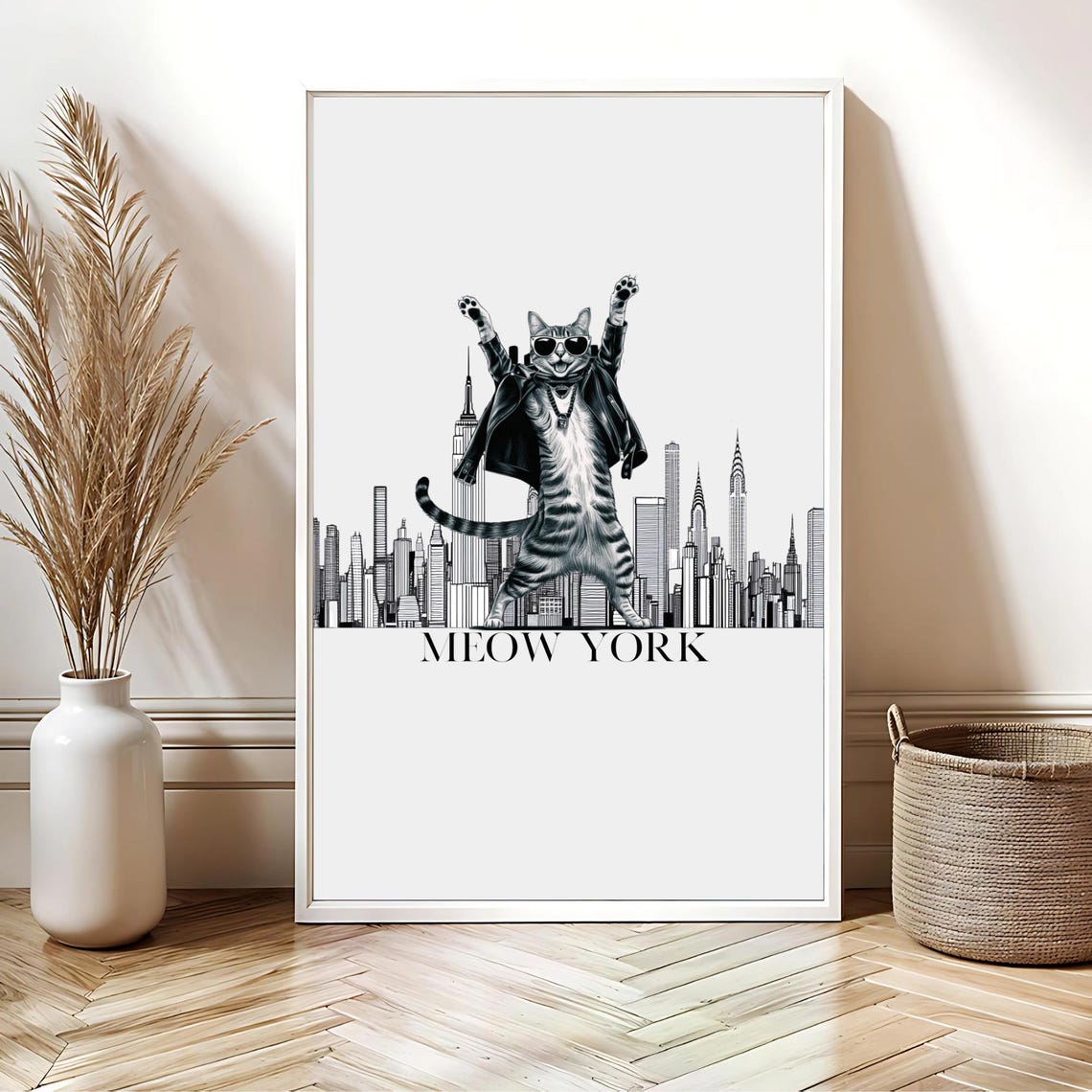 Meow York Cat Rockstar Pose New York City Skyline Art Poster - Image 3