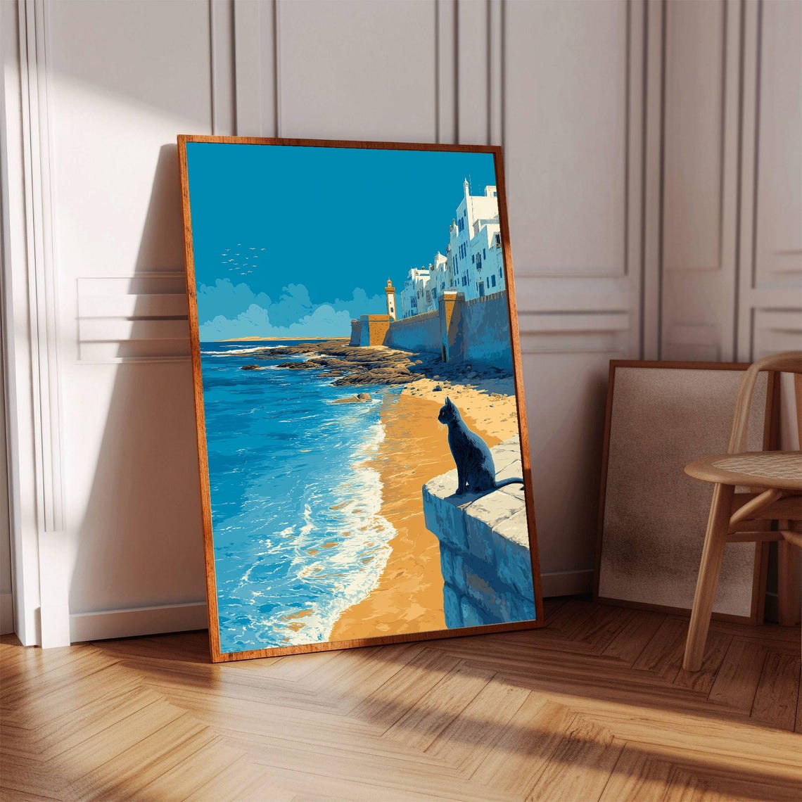 Black Cat on Coastal Fortress Wall Beach Sea View Art Poster - Image 3