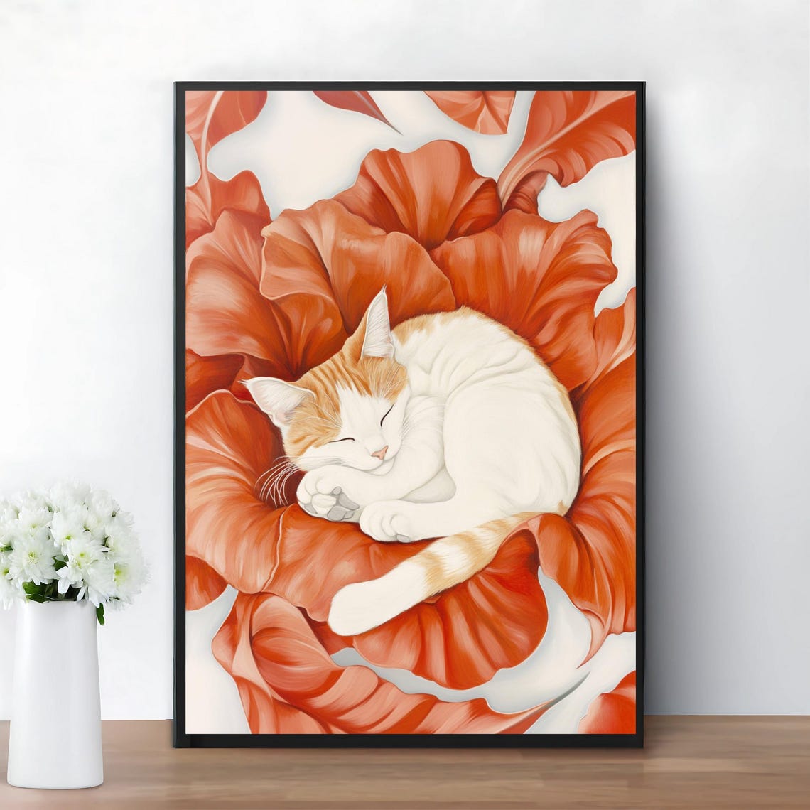 Sleeping Cat Curled in Giant Coral Flower O Keeffe Style Poster