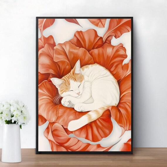 Sleeping Cat Curled in Giant Coral Flower O Keeffe Style Poster