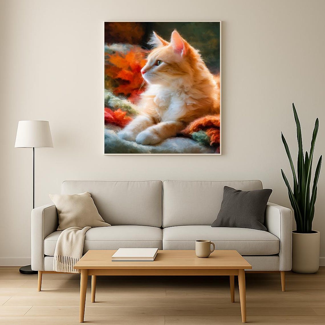 Cozy Orange Longhair Cat Autumn Foliage Impressionist Poster - Image 3