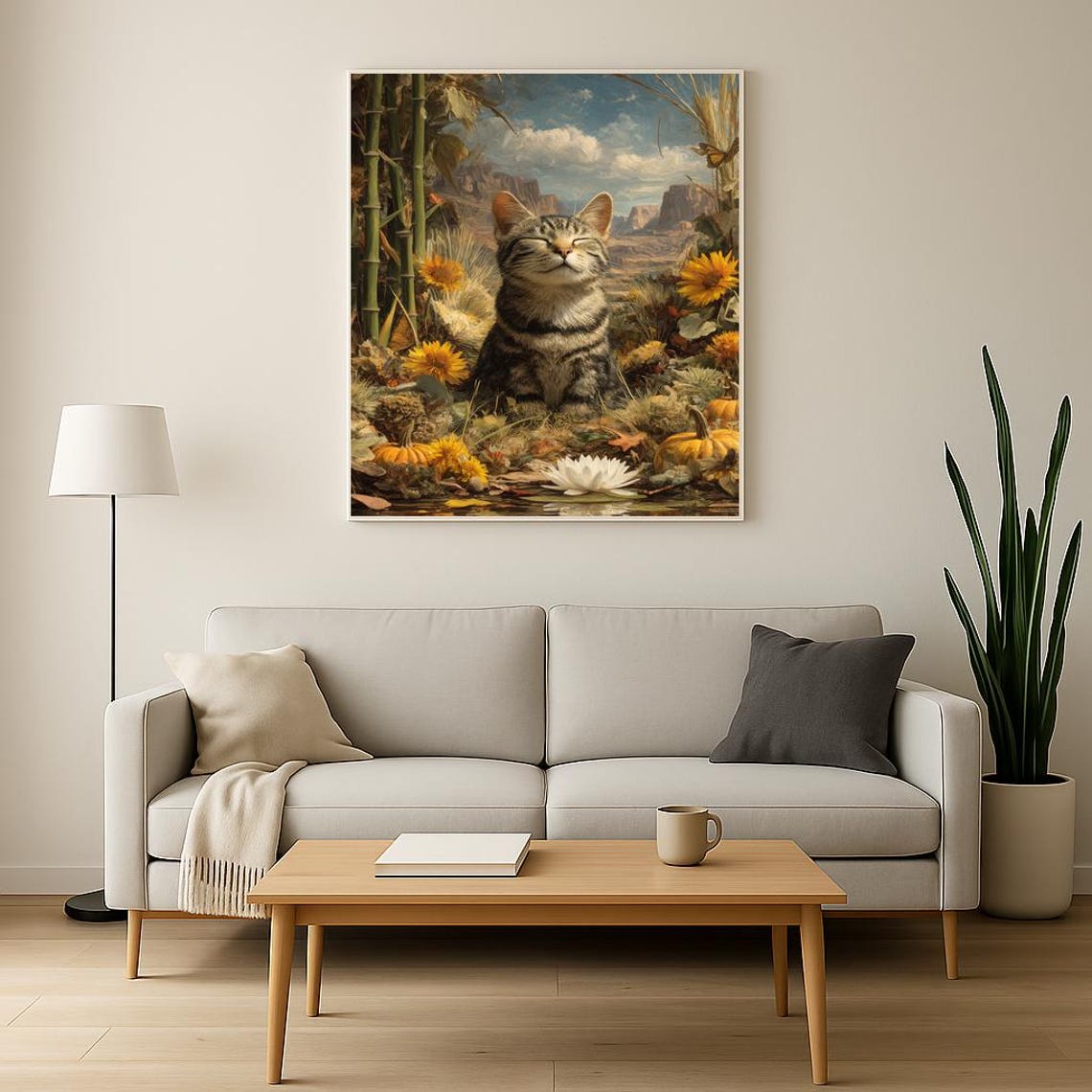 Serene Meditating Tabby Cat in Autumn Sunflower Garden Poster - Image 2