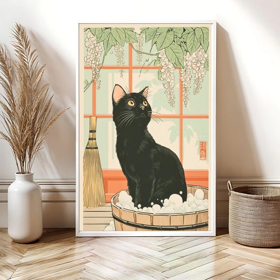 Black Cat Art Poster Lover Bath Decor Zen Wall Pet Owner Gift For Mom Bathroom