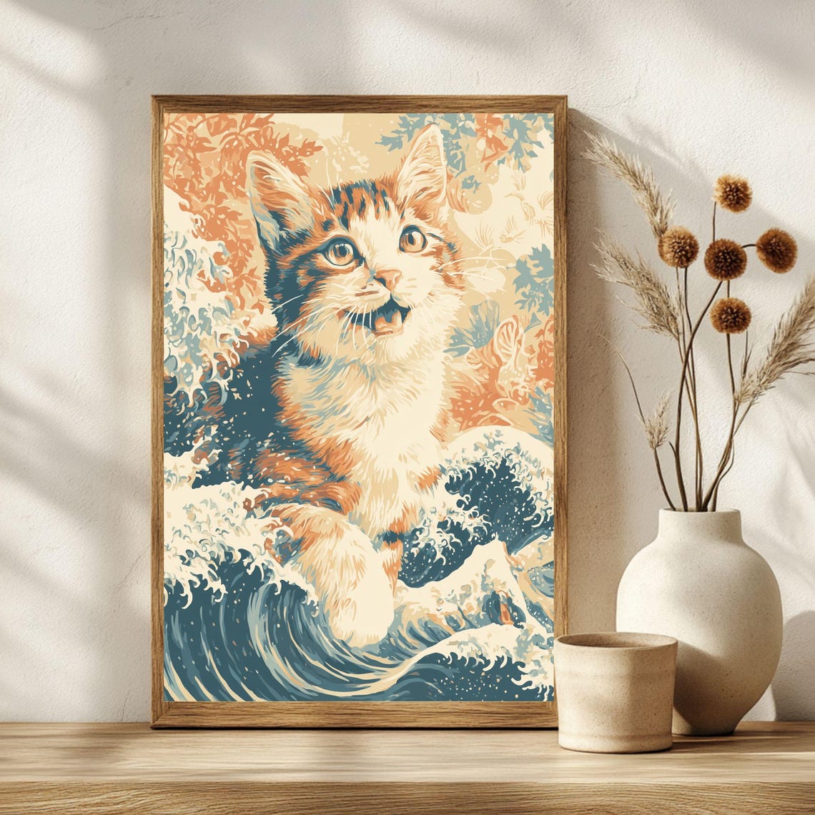Joyful Calico Kitten in Hokusai Wave Japanese Cat Art Poster