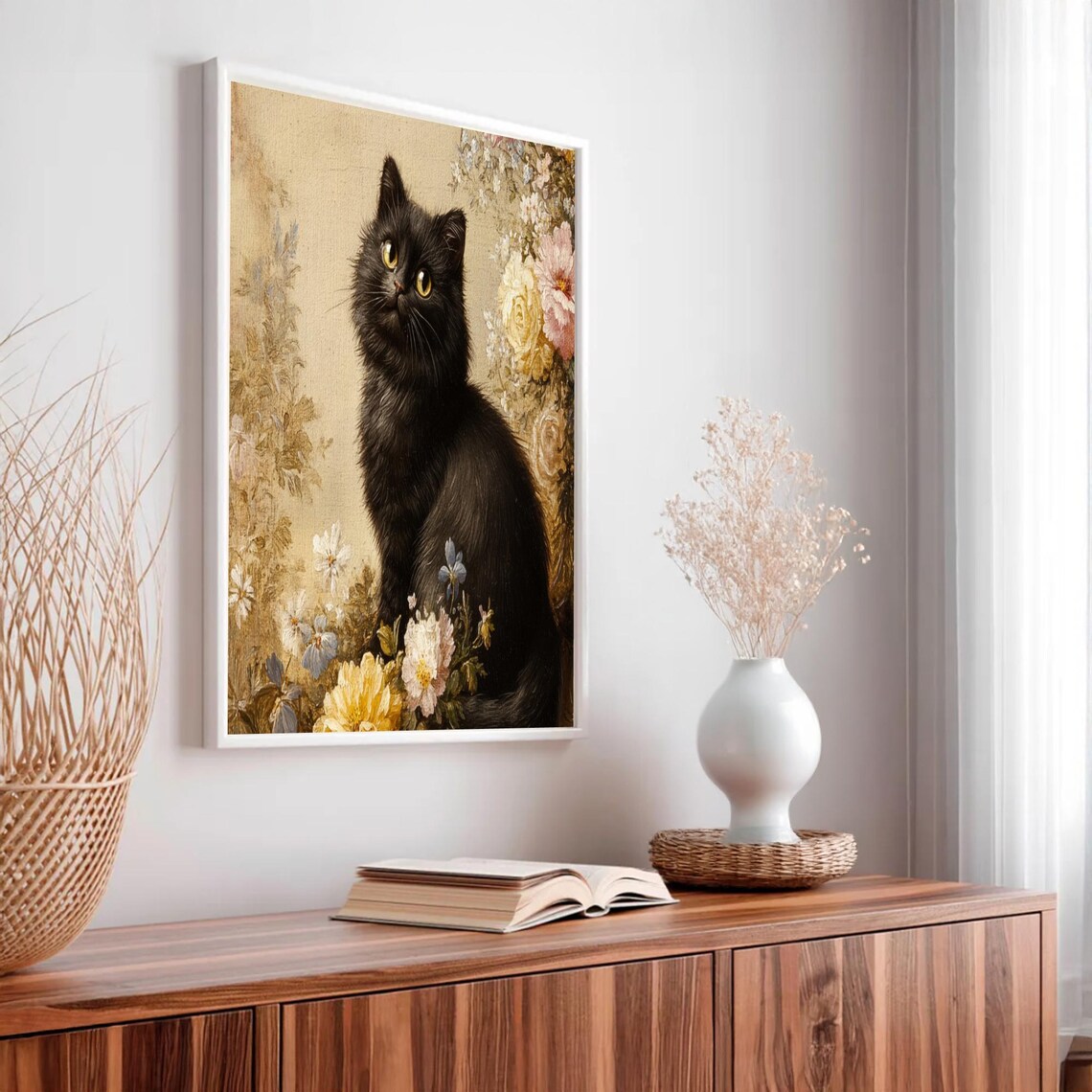 Black Cat Among Vintage Roses Antique Floral Oil Painting Poster - Image 2