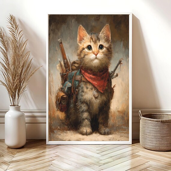 Cute Adventurer Kitten in Red Bandana Fantasy RPG Art Poster