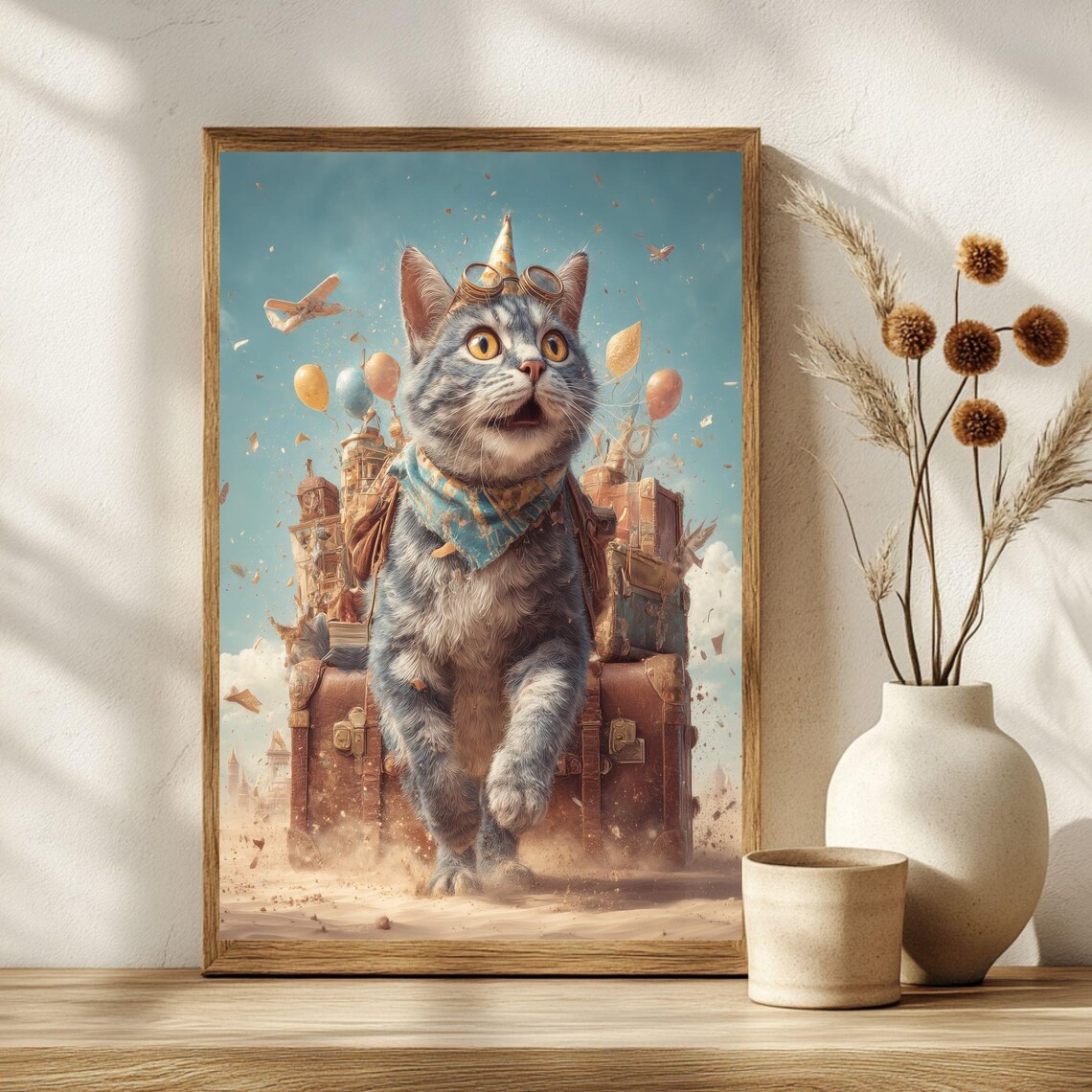 Whimsical Travel Cat Aviator Goggles Party Balloons Adventure Poster - Image 2