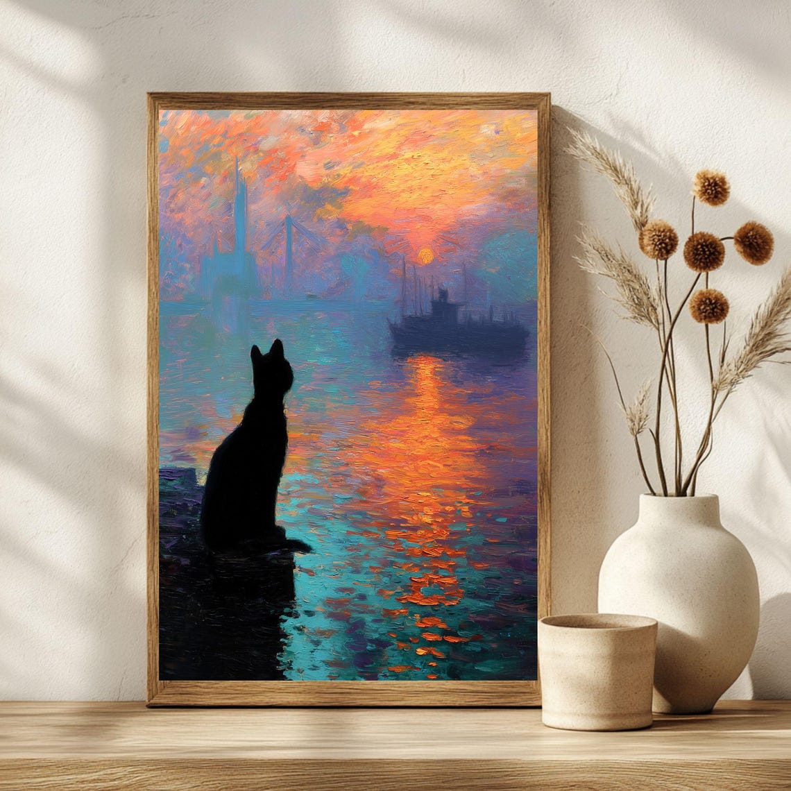 Black Cat Silhouette Watching Sunrise Harbor Monet Style Poster - Image 2