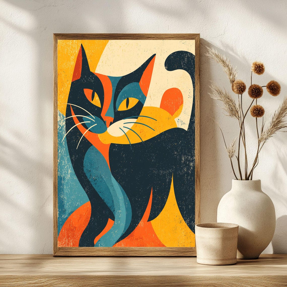 Minimalist Colorblock Black Cat Mid Century Modern Graphic Poster - Image 2
