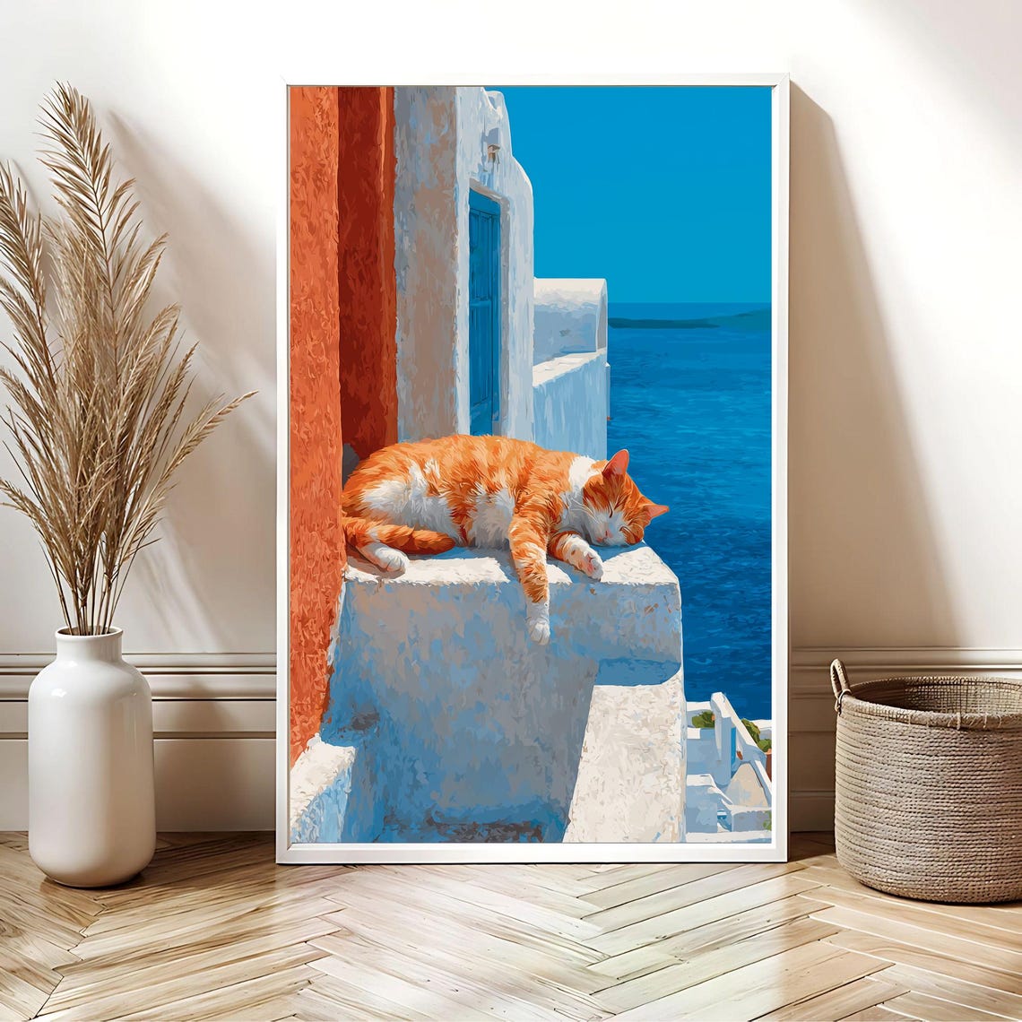 Sleeping Orange Cat Santorini Steps Blue Sea View Art Poster - Image 2