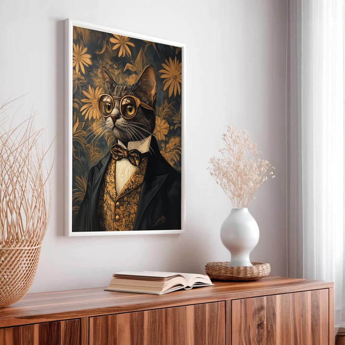 Dapper Tuxedo Cat in Glasses Gatsby Style Gold Floral Poster - Image 2