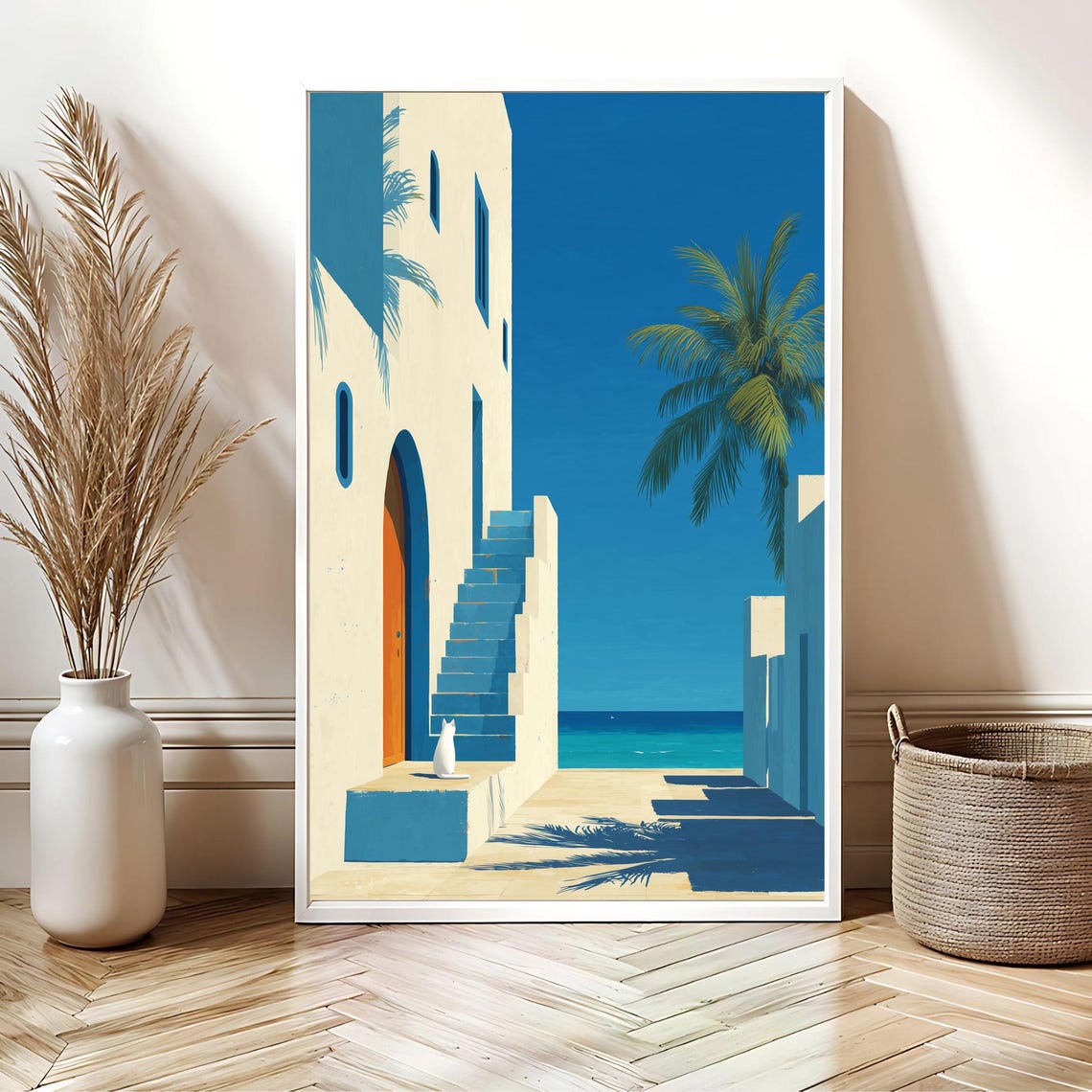 White Cat on Greek Island Steps Mediterranean Sea View Poster - Image 3