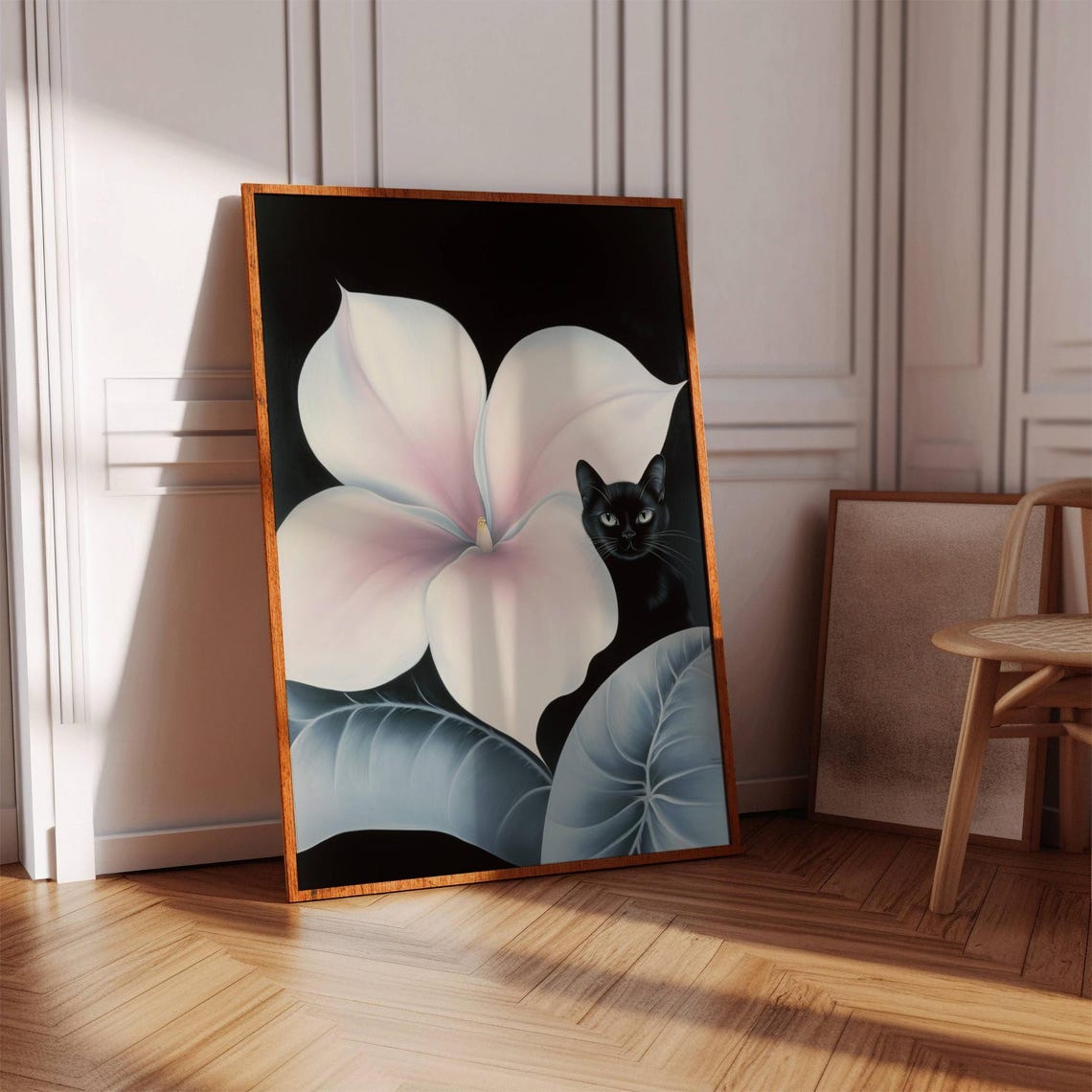 Black Cat With Giant White Flower O Keeffe Style Botanical Poster - Image 2