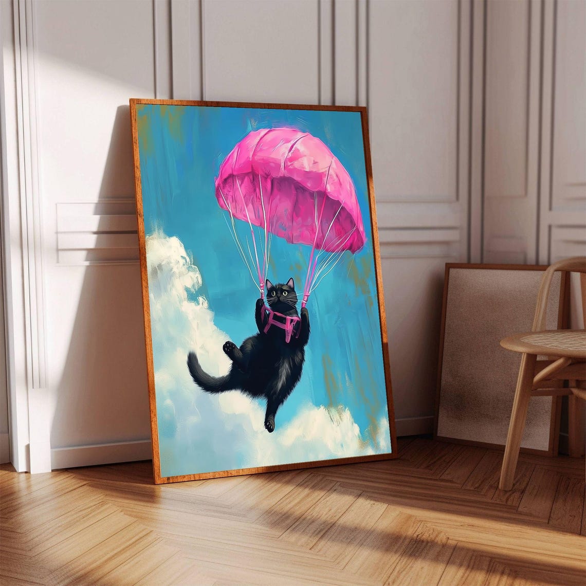 Black Cat Parachute Pink Canopy Whimsical Sky Adventure Poster - Image 3