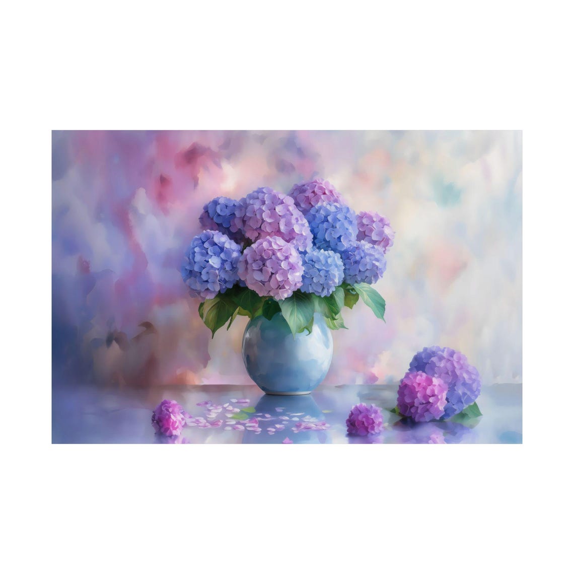 Dreamy Soft Purple Hydrangeas Blue Vase Watercolor Blossom Poster - Image 2