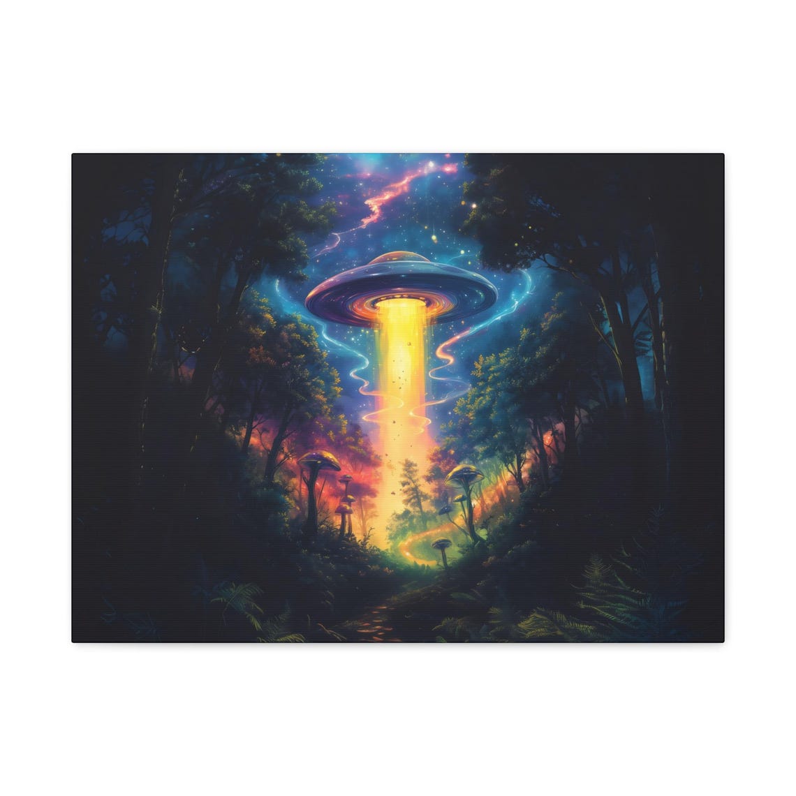 Flying Saucer Light Beam in Dark Mystic Mushroom Woods Poster - Image 3
