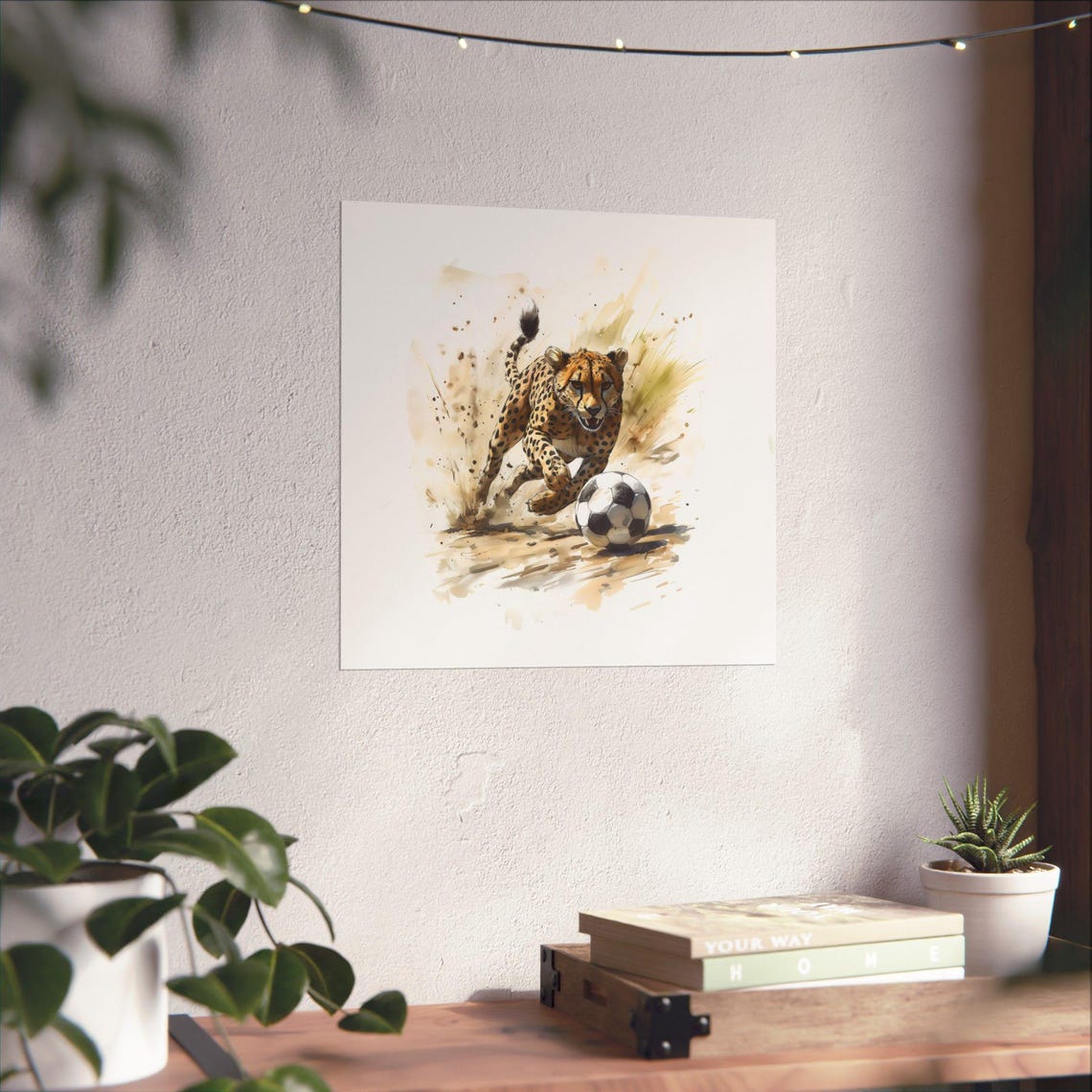 Fast Cheetah Soccer Sprint Golden Watercolor Wildlife Poster