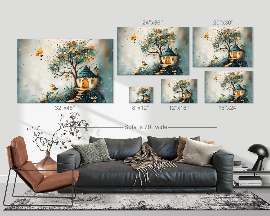 Sweet Dreamy Fairytale Cottage With Blossom Tree on a Hill Print - Image 3