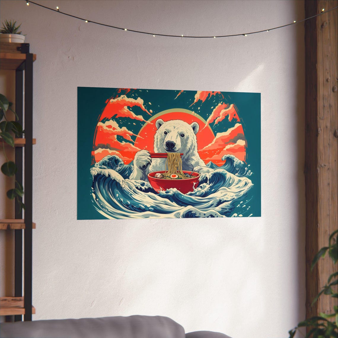 Polar Bear Noodle Bowl Ocean Waves Crimson Sun Canvas Wall Print - Image 2
