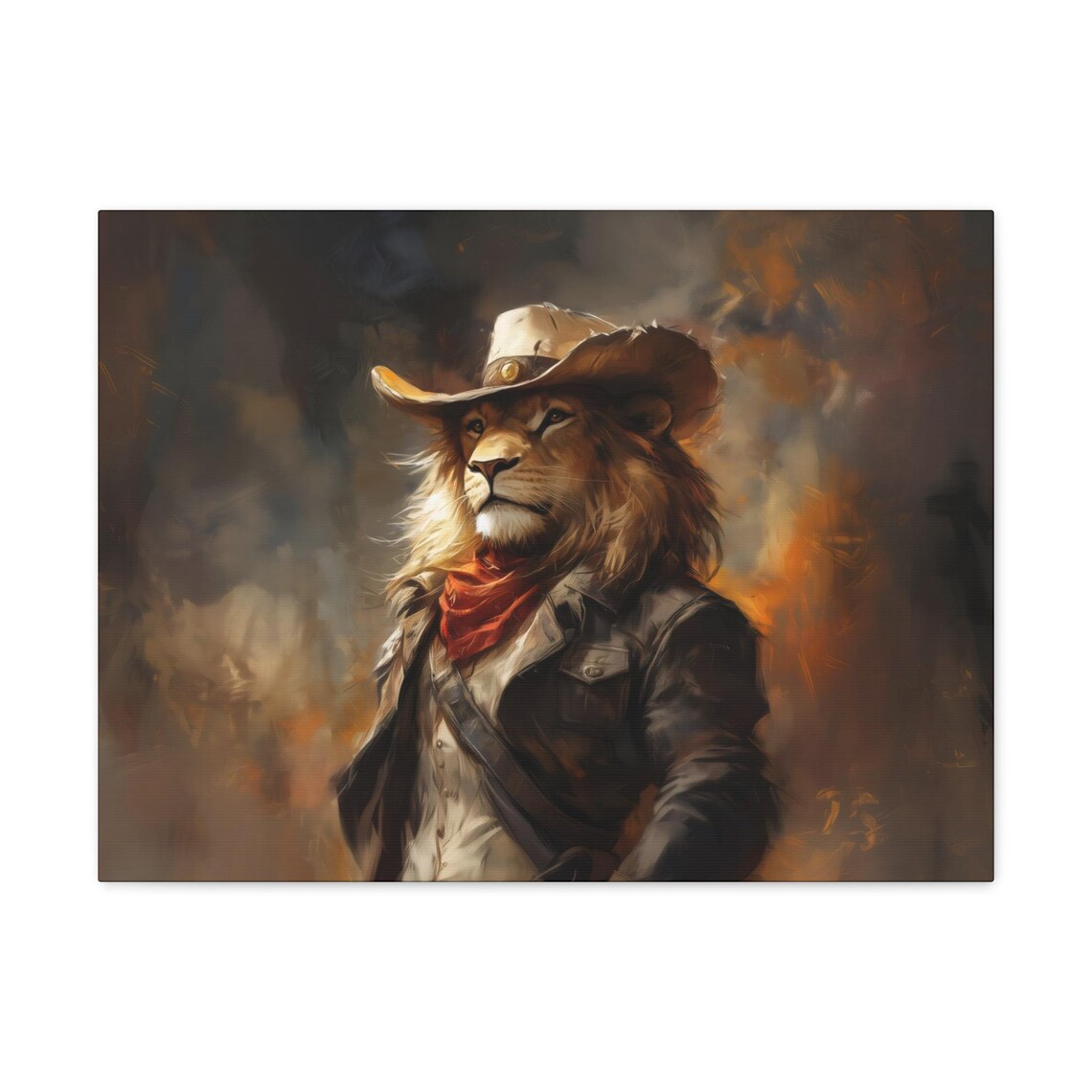 Majestic Lion Cowboy Watercolor Painting Red Scarf Dark Moody Poster - Image 3