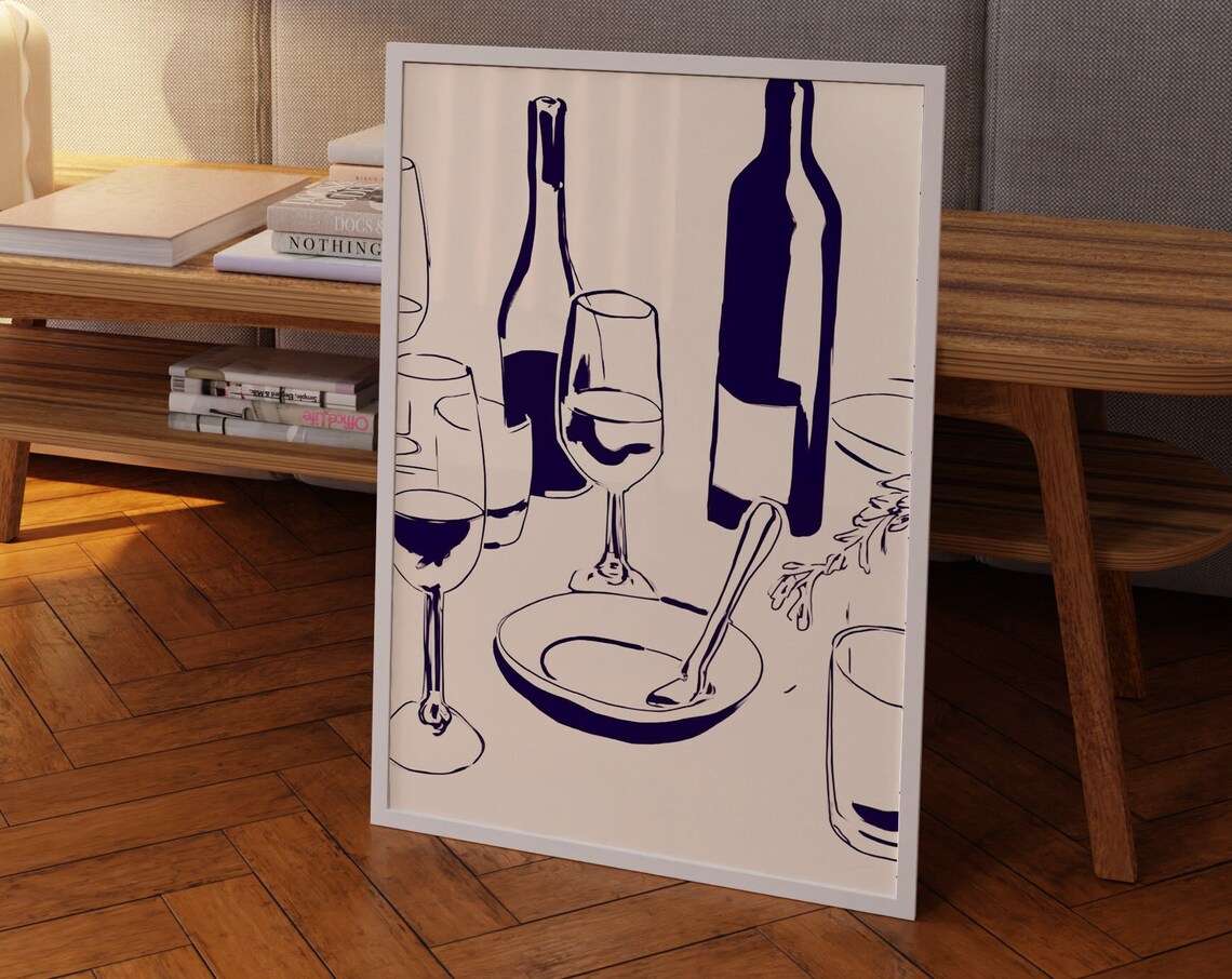 Minimalist Navy Line Art Poster of Wine Bottles and Glasses on Cream