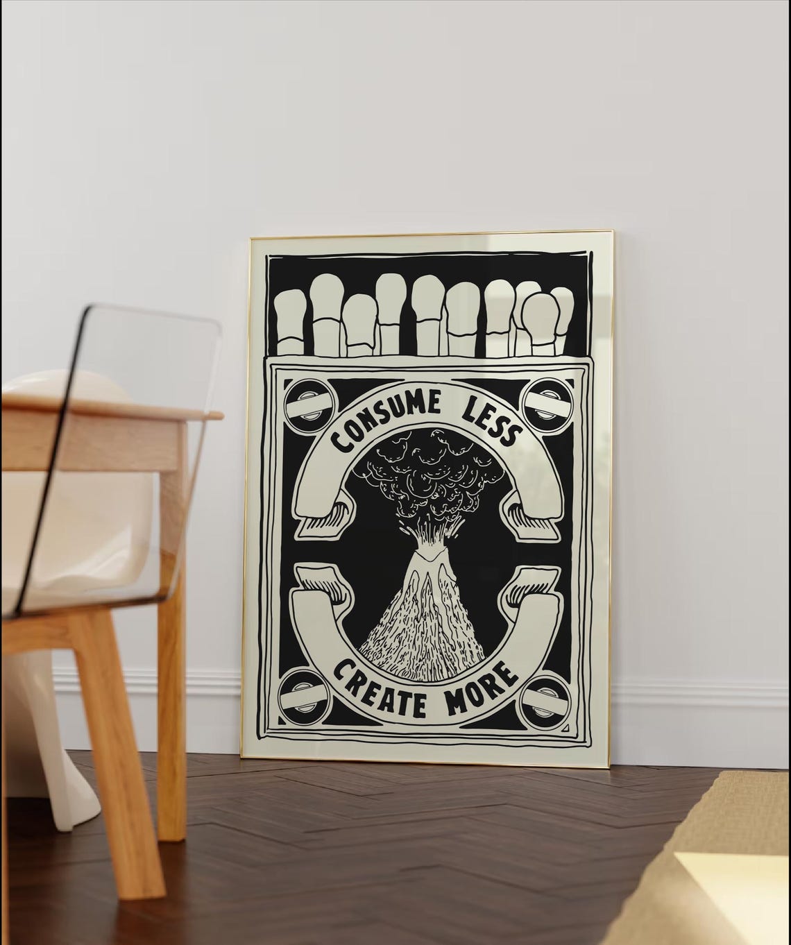 Consume Less Create More Retro Matchbox Volcano Black Ink Poster - Image 3
