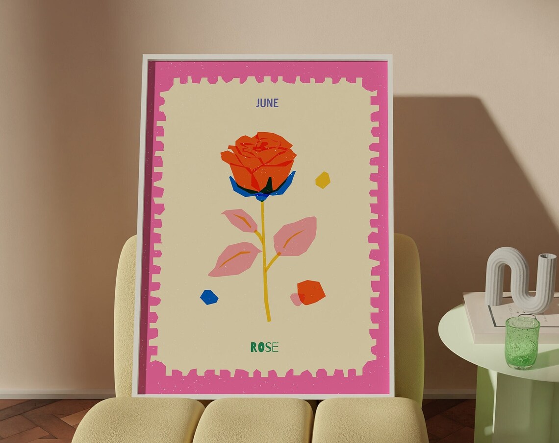 June Birth Flower Rose Colorful Botanical Stamp Style Wall Art