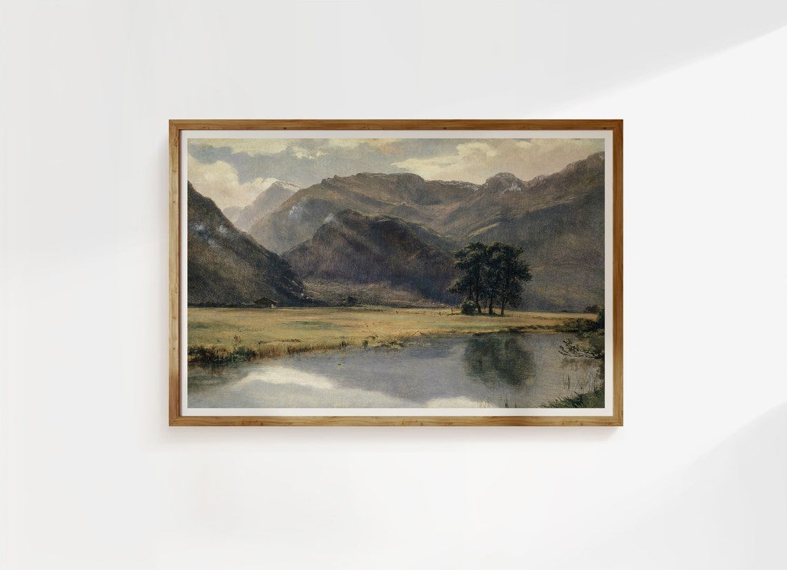 Rustic Cottage in Mountain Valley Reflecting Lake Oil Poster
