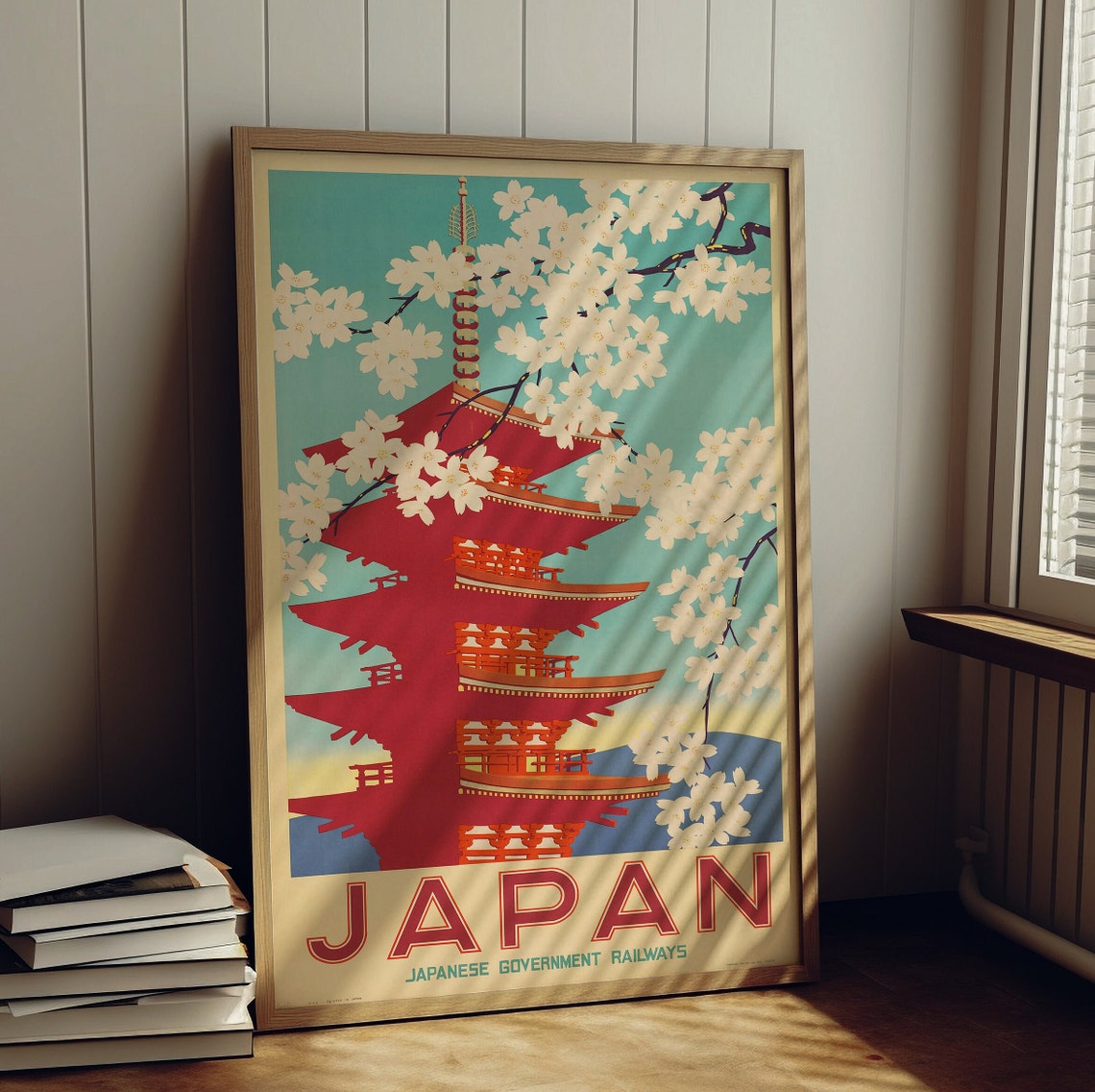 Japan Japanese Government Railways Pagoda Cherry Blossom Poster - Image 3