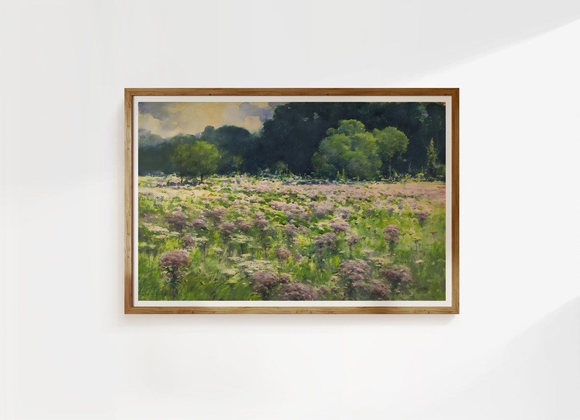 Wildflower Field Vintage Landscape Painting Rustic Meadow Poster