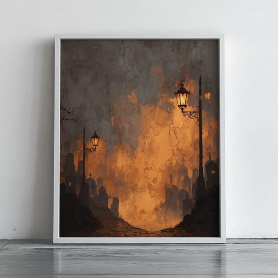 Moody Vintage Halloween Art Dark Night Scene With Streetlamps Rustic Gothic Style Wall Decor Mysterious Autumn Painting 49