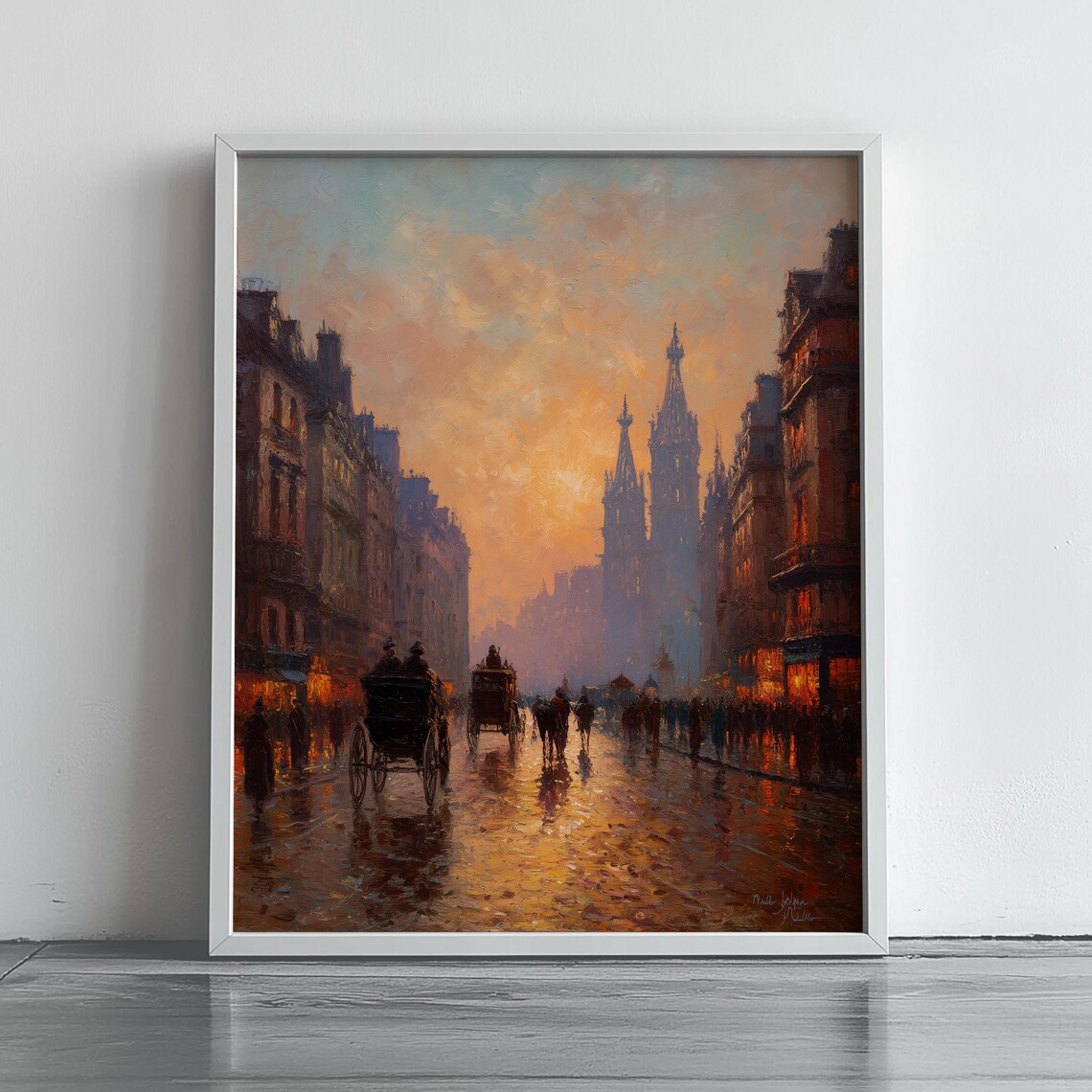 Monet Inspired Old Town Dusk Horse Carriage City Street Poster