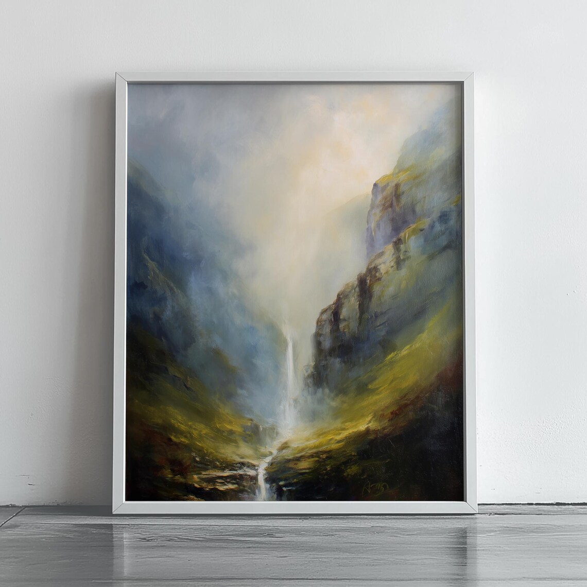 Misty Waterfall Canyon Sunlight Romantic Landscape Painting Art Poster