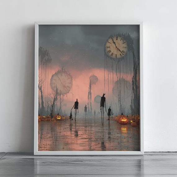 Surreal Halloween Wall Art Vintage Style Daliinspired Landscape Spooky Pumpkin Decor Moody Autumn Painting 68