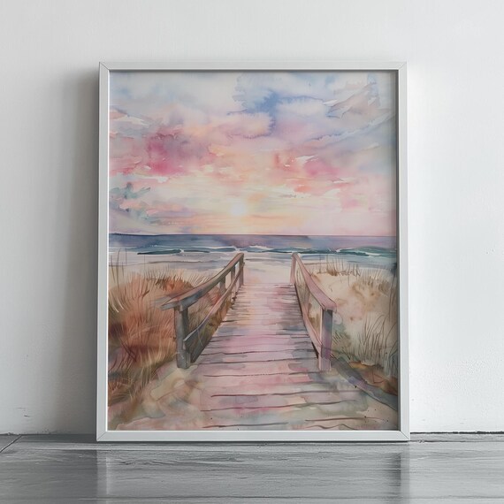 Beach Boardwalk at Pink Sunrise Soft Watercolor Coastal Art Poster