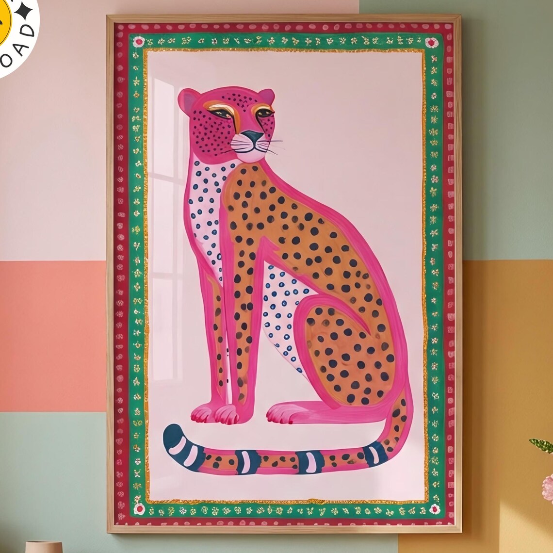 Bold Cheetah Folk Art Poster, Maximalist Decor